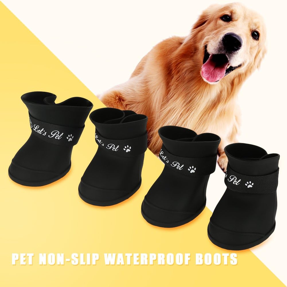 woobles Silicone Dog Waterproof Boots, 4 Pcs Silicone Pet Cute Waterproof Boots Anti-Slip Protective Rain Shoes, Pet Supplies(M Black)